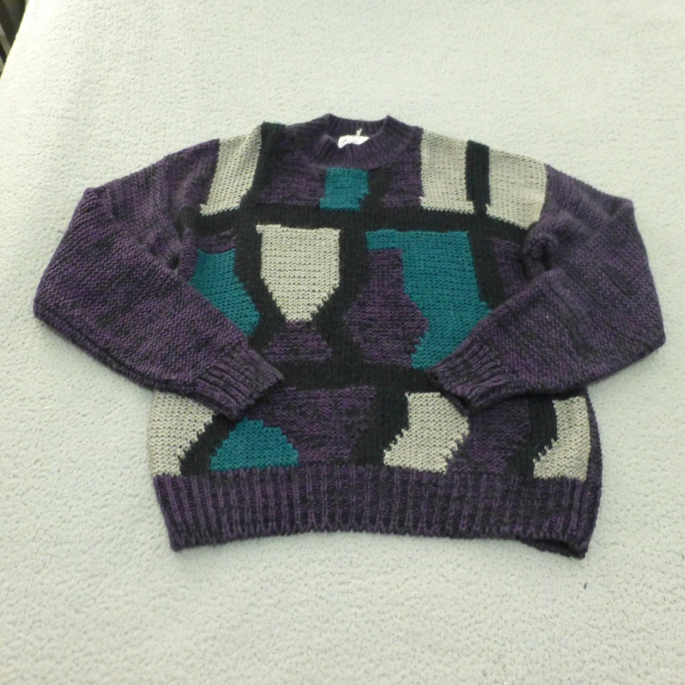 VTG Sears Roebuck Hand Knit Sweater Mens XL Geometric Pattern Purple Acrylic
